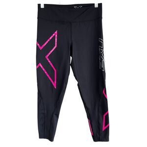 2XU‎ Womens Mid-Rise Compression 7/8 Leggings Black Pink Size Large Training